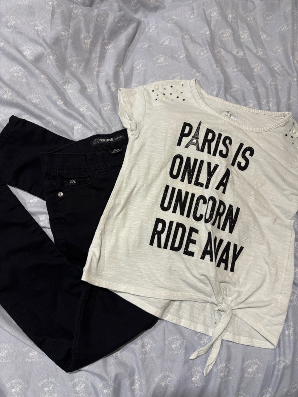 Paris Unicorn Graphic Tee for Kids - White bundled with size 10 black Jordache